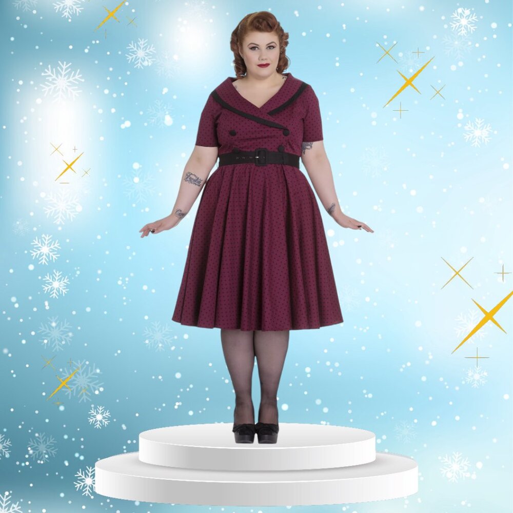 Hell Bunny Mimi Dress - Burgundy Polka Dot V neck Party Dress 2X, 3X